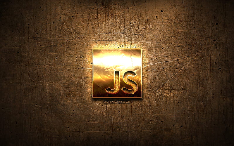 JavaScript golden logo, programming language, brown metal background, creative, JavaScript logo, programming language signs, JavaScript, HD wallpaper