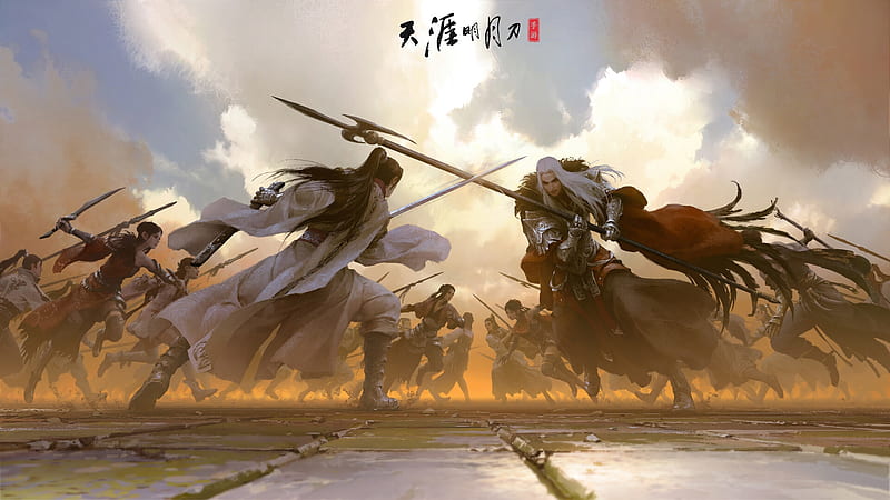 Fight, xiaoyu wang, couple, battle, fantasy, warrior, man, HD wallpaper