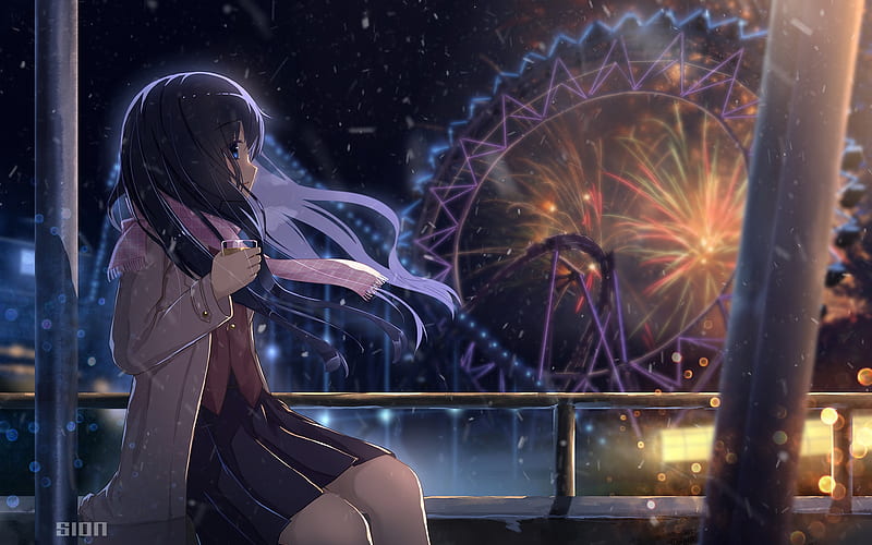 Anime girl, fireworks, scenic, amusement park, ferris wheel, night, drink,  Anime, HD wallpaper | Peakpx