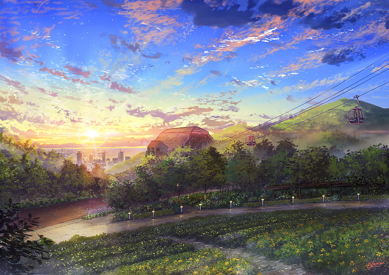 Paisaje de anime, bonita, nubes, puesta de sol, escénico, camino, parque,  árboles, Fondo de pantalla HD | Peakpx