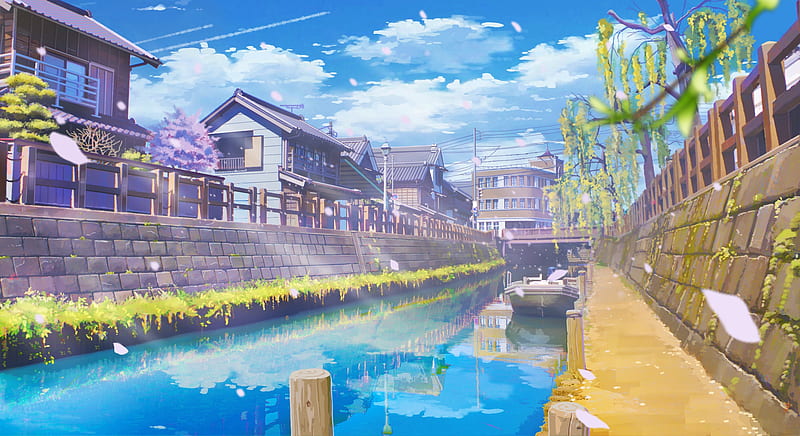 Anime, Original, Boat, Canal, Town, HD wallpaper