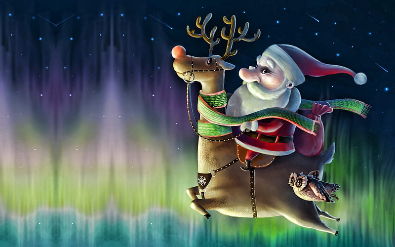 Santa claus on deer, Happy New Year, new years eve, santa claus, gifts, northern lights, flying santa claus, HD wallpaper