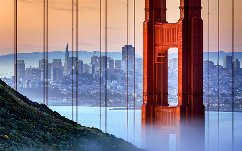 Golden Gate Bridge, San Francisco, USA, sunset, evening, cityscape, bridge, HD wallpaper