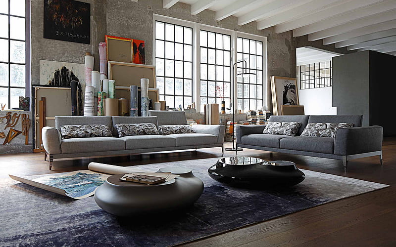 living room, stylish interior design, loft style, modern interior design, gray concrete walls, HD wallpaper
