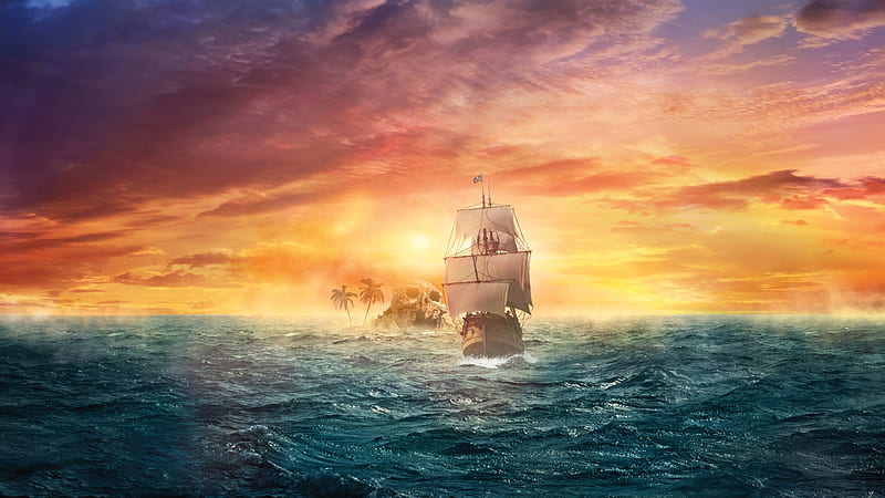 sailing ship, sunset, ocean, pirates, scenic, Fantasy, HD wallpaper