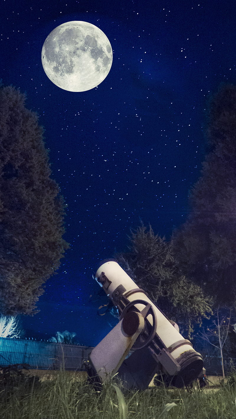 Moon and telescope, moon, telescope, night, star, stars, blue, landscape, earth, space, universe, HD phone wallpaper