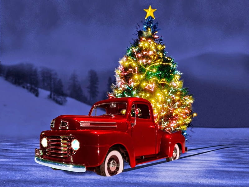 christmas truck, tree, truck, snow, christmas, HD wallpaper