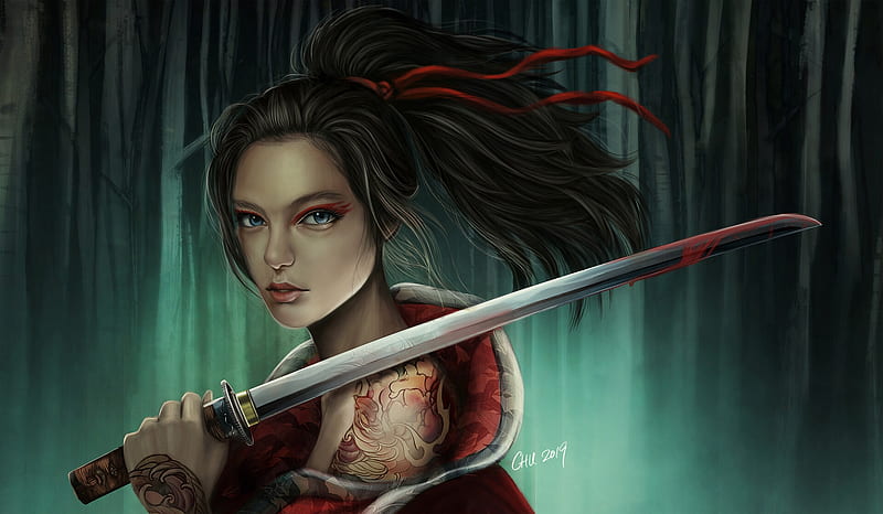 Samurai girl, asian, red, vincentchu, frumusete, luminos, tattoo ...