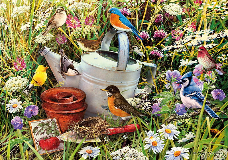 The Garden Party, watering, birds, flowers, garden, puzzle, can, HD wallpaper