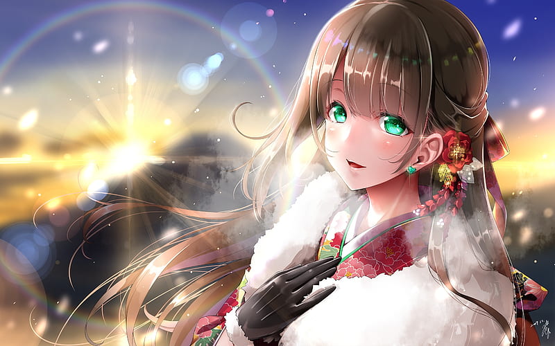 pretty anime girl, green eyes, jewelry, gloves, cold, winter, sunrise, Anime, HD wallpaper