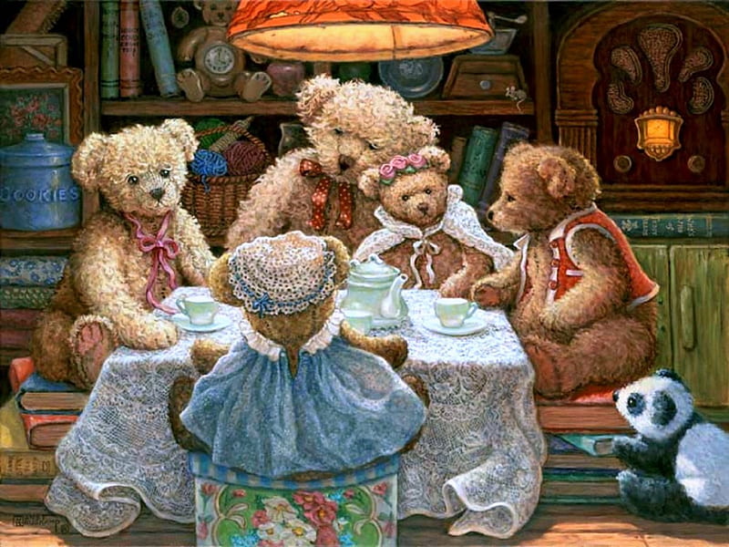 ..Tea Party.., pretty, family, draw and paint, lovely, bonito, love four season, attractions in dreams, creative pre-made, teddy bears, paintings, weird things people wear, bears, tea party, HD wallpaper