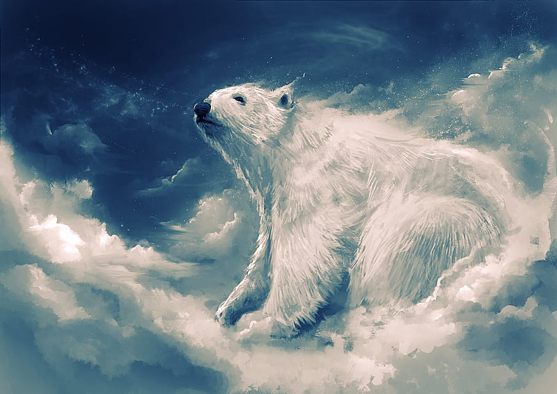 Polar bear, art, cloud, luminos, sky, iarna, winter, fantasy, white, blue, HD wallpaper