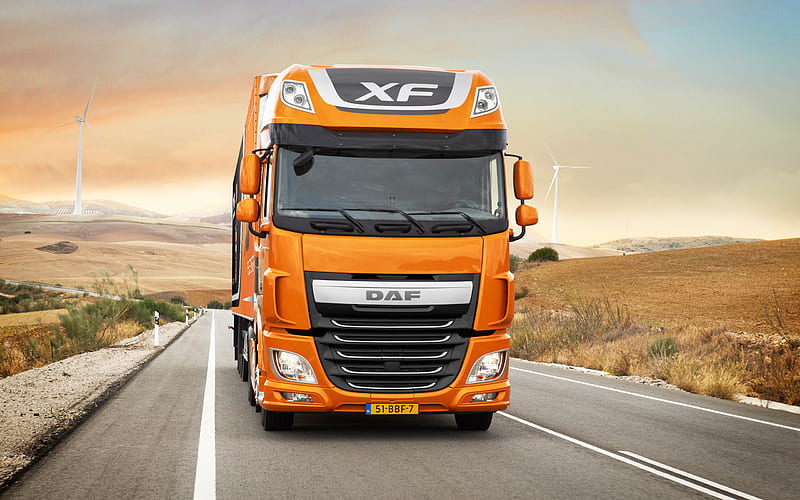 DAF XF, 2017, Euro-6, New trucks, orange daf, road, trucking, HD wallpaper