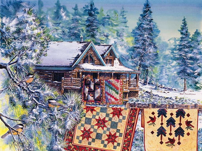 bye bye winter !, patchwork, quilt, cabin, winter, HD wallpaper