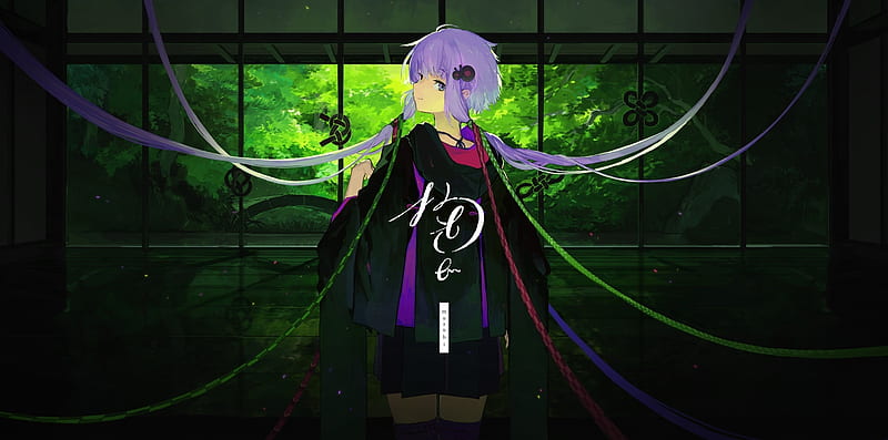 yuzuki yukari, purple hair, voiceroid, vocaloid, smiling, trees, Anime, HD wallpaper