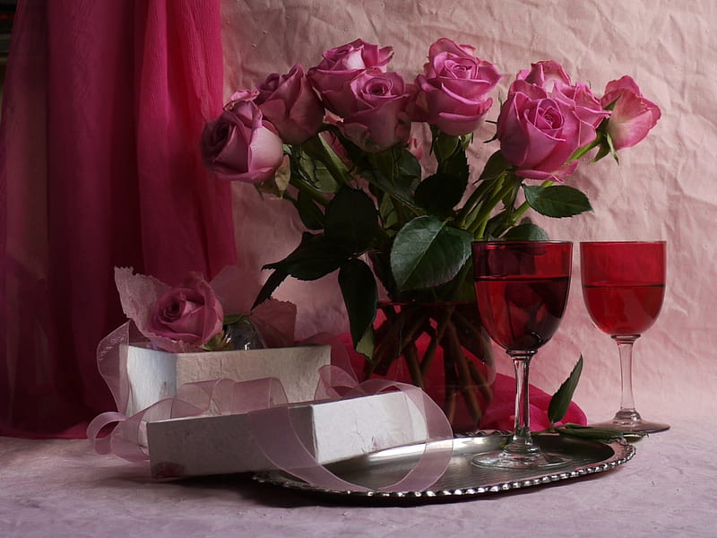 still life, rose, vase, box, bonito, elegant, graphy, nice, flowers, drink, pink, cups, harmony, romance, holiday, wine, gift, roses, cool, bouquet, flower, HD wallpaper