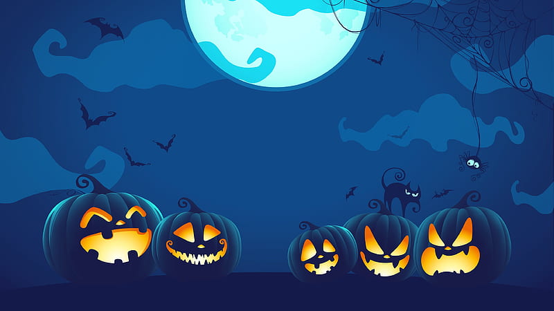 Happy Halloween!, moon, orange, moon, halloween, pumpkin, cat, night, blue, fantasy, HD wallpaper