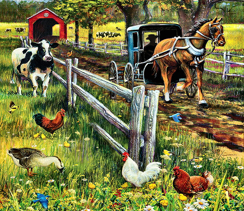 Amish Horse and Buggy F, art, buggy, equine, bonito, horse, Amish, illustration, artwork, animal, painting, wide screen, chickens, farm animals, cows, HD wallpaper