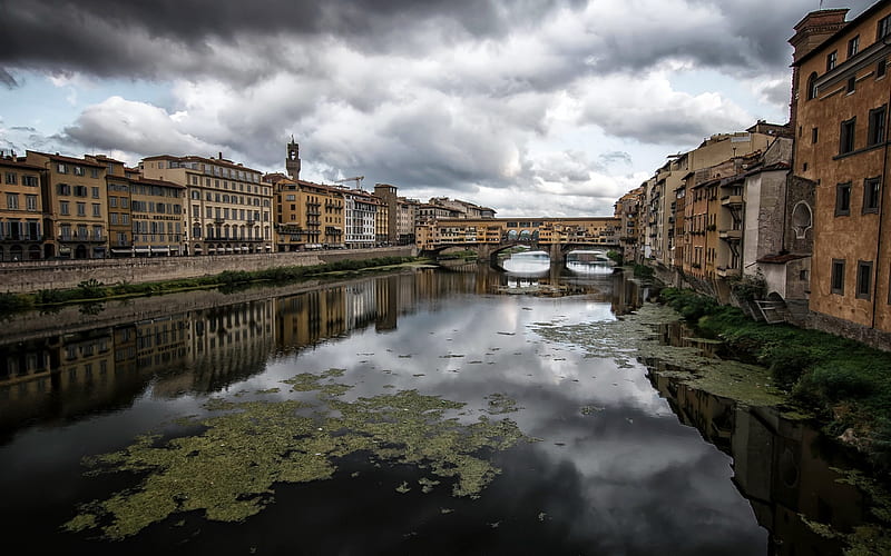 Ponte Vecchio, Florence, river Arno, stone bridge, Italy, cloudy weather, HD wallpaper
