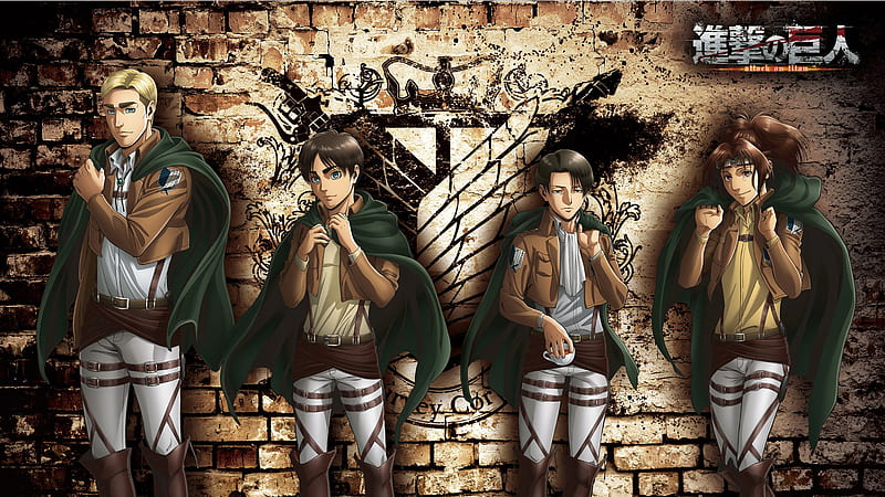 Attack Of Titan Eren Yeager Erwin Smith Hange Zoe Levi Ackerman All With Green Scarf With Background Of Wings Of dom On Wall Anime, HD wallpaper