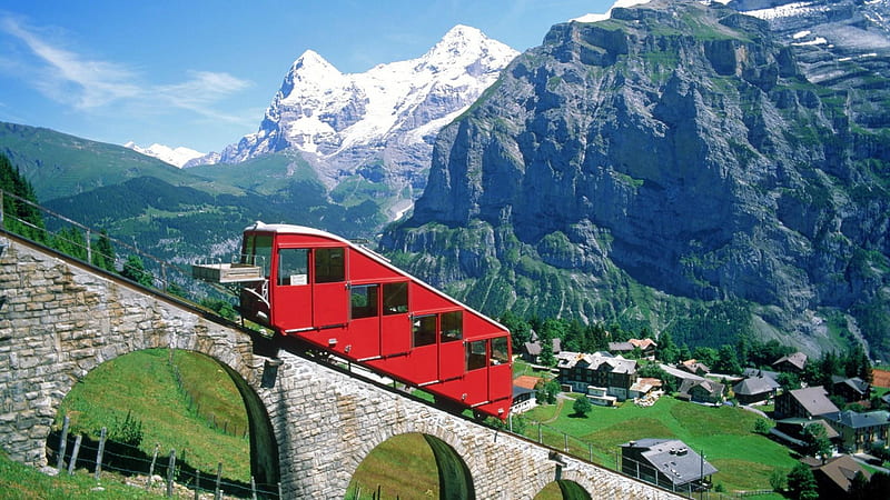 switzerland alps railway, mountain, village, railway, ramp, HD wallpaper