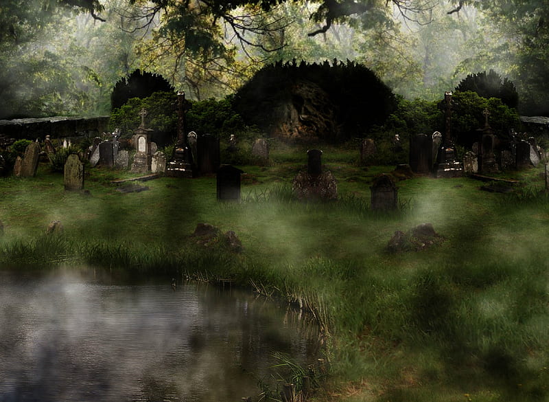 ✼.Cemetery Horrific.✼, grass, gravestone, halloween, attractions in dreams, creepy, graves, spooky, graveyard, ghostly, horrors, cemetery, tombstones, love four seasons, haunted, creative pre-made, trees, plants, backgrounds, HD wallpaper