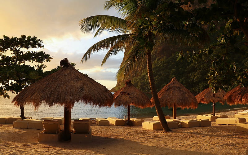Caribbean Sea, Mount Python, tropical islands, beach, umbrellas, Saint Lucia, Caribbean islands, travels, HD wallpaper