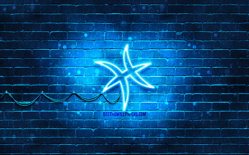 Pisces neon sign blue brickwall, creative art, zodiac signs, Pisces zodiac symbol, Pisces zodiac sign, astrology, Pisces Horoscope sign, astrological sign, zodiac neon signs, Pisces, HD wallpaper