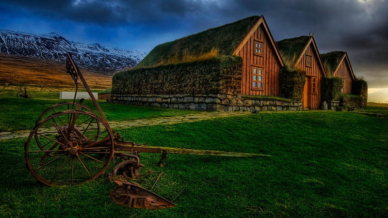 countryside farm r, plow, grass, r, clouds, barn, HD wallpaper