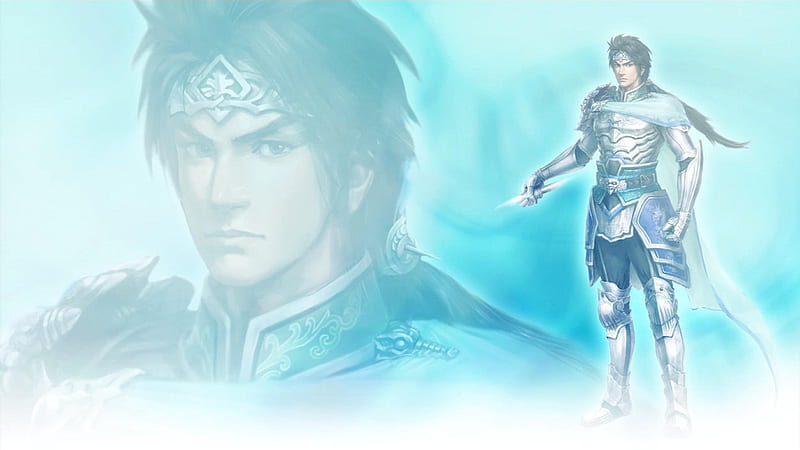 Zhao Yun, games, male, video games, dynasty warriors, blue background, weapon, long hair, armour, HD wallpaper