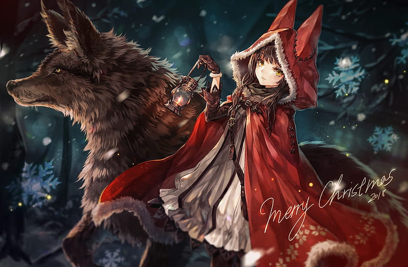 Merry Christmas, forest, art, girl, christmas, wolf, orginal, night, red hood, HD wallpaper
