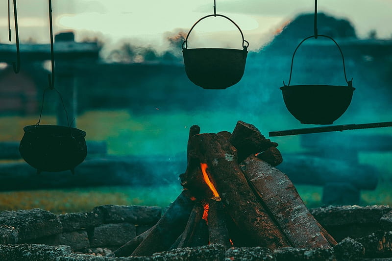 Cooking in the nature, Cooking, Camping, Campfire, Nature, Pots, HD wallpaper