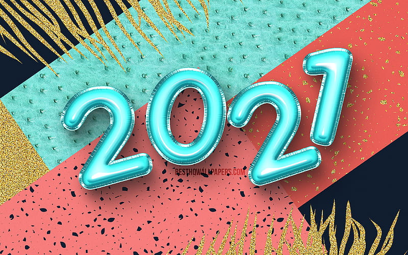 Happy New Year 2021, golden palms, blue balloons digits, 2021 pink digits, 2021 concepts, 2021 year digits, 2021 new year, 2021 on colorful background, HD wallpaper