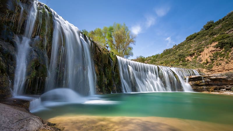 Alcanadre River Falls, Aragon, Spain, trees, cascades, water, clouds, landscape, sky, HD wallpaper