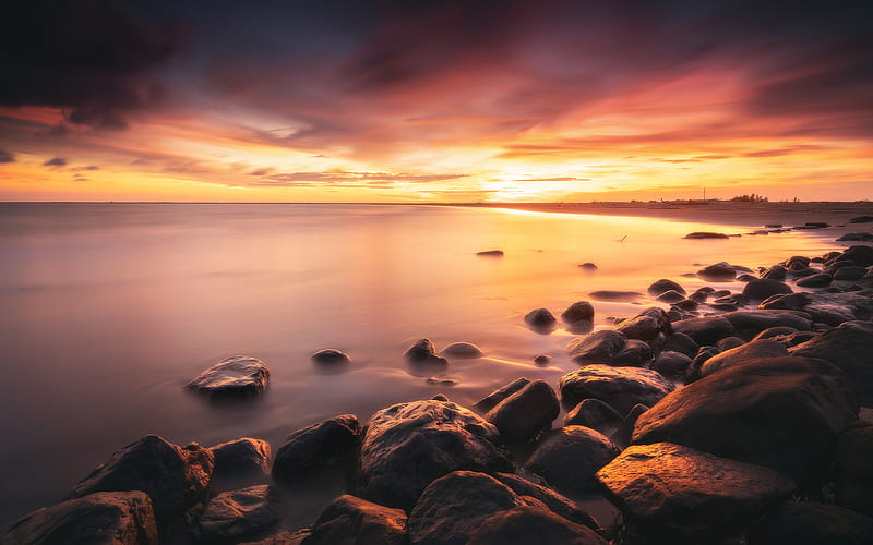 Coast Stones Sunset Horizon 2020 Nature Scenery, HD wallpaper