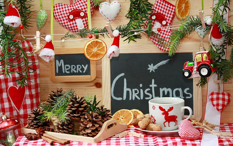 Happy Holiday, red menu, holidays, merry christmas, decorations, cup, breakfast, HD wallpaper