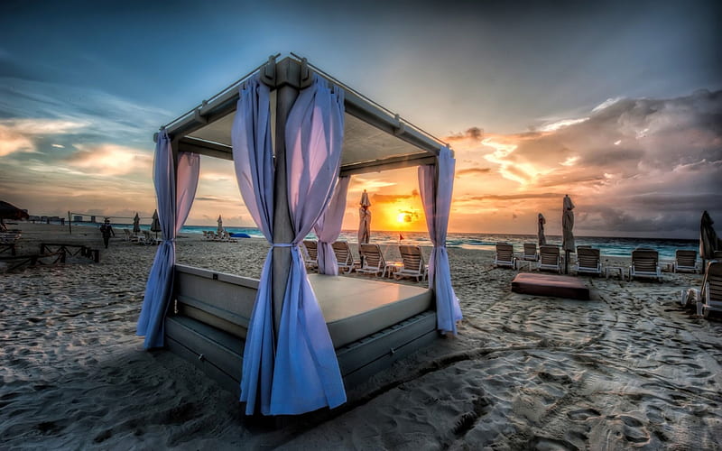 canopy bed on a beach at sunset r, canopy, beach, r, sunset, bed, HD wallpaper