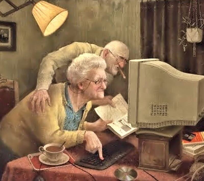 Keeping up with the Times, Art, old Couple, lovely, Computer, HD wallpaper