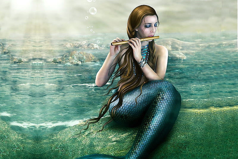 Mermaid Playing Her Flute, Water, pretty, lovely, Mermaid, flute, magical, fanrasy, sun rays, HD wallpaper