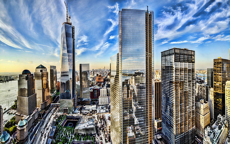 New York City, sunset, Manhattan, WTC, 1 World Trade Center, NYC, R, New York, America, USA, HD wallpaper