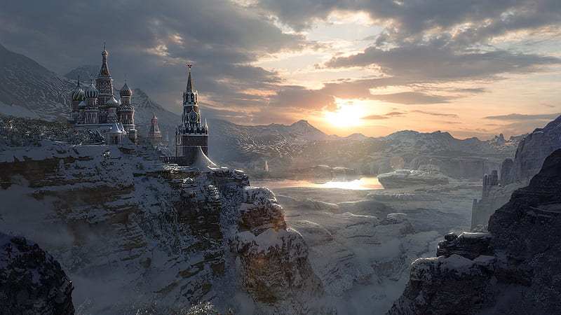 Castle, moscow, art, fantasy, luminos, kremlin, iarna, winter, HD wallpaper