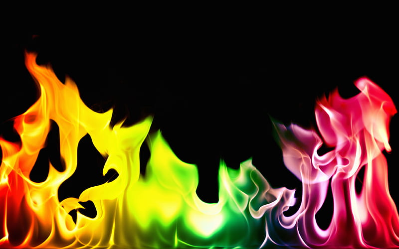 colorful fire rainbow, flames, black background, fire, HD wallpaper