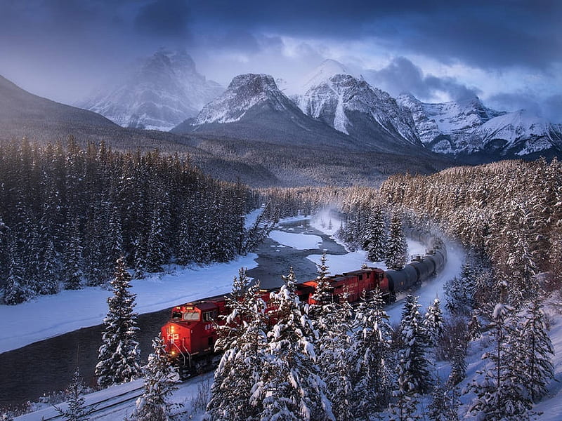 Polar Express, sky, trees, express, clouds, snow, train, rail road tracks, mountains, polar, beauty, nature, river, HD wallpaper