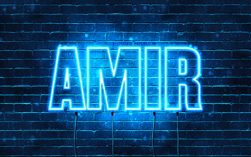 Amir with names, horizontal text, Amir name, blue neon lights, with Amir name, HD wallpaper