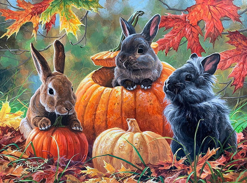 Pumpkin Patch Bunnies, autumn, pumpkins, painting, rabbits, colors, artwork, HD wallpaper