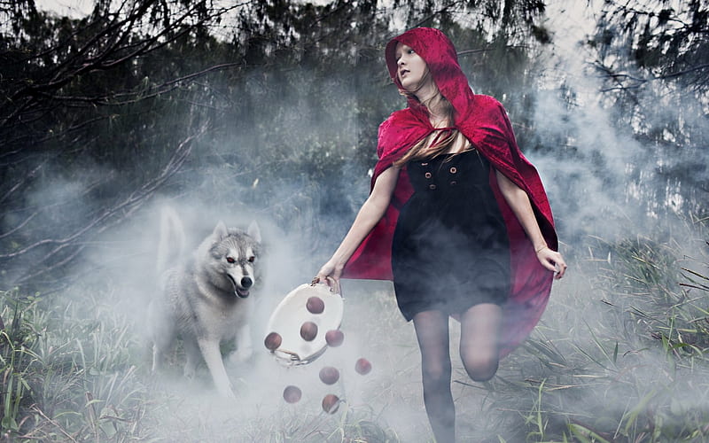 Red Riding Hood, Woman, Fog, Wolf, Apples, Red, Cape, Black Dress, Forest Trail, Trees, Stockings, HD wallpaper
