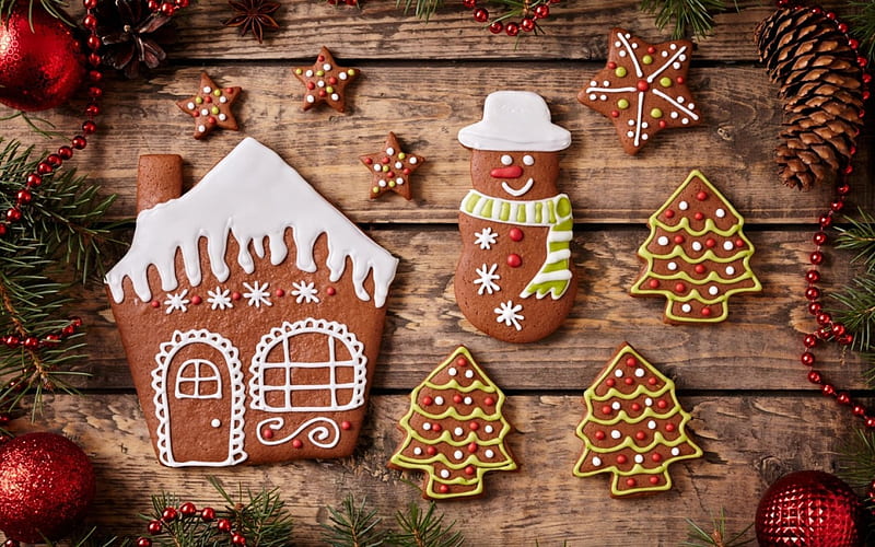 Merry Christmas!, deco, house, craciun, christmas, food, sweet, dessert, card, cookies, tree, gingerbrad, wood, HD wallpaper