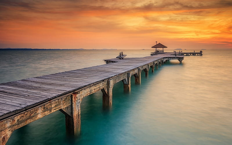 Beautiful pier, Sea, Pier, Horizon, Sunset, Dock, HD wallpaper