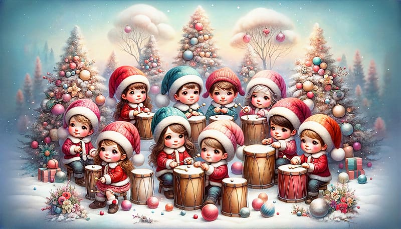 Christmas musicians, Children, Winter, Dolls, Drums, HD wallpaper