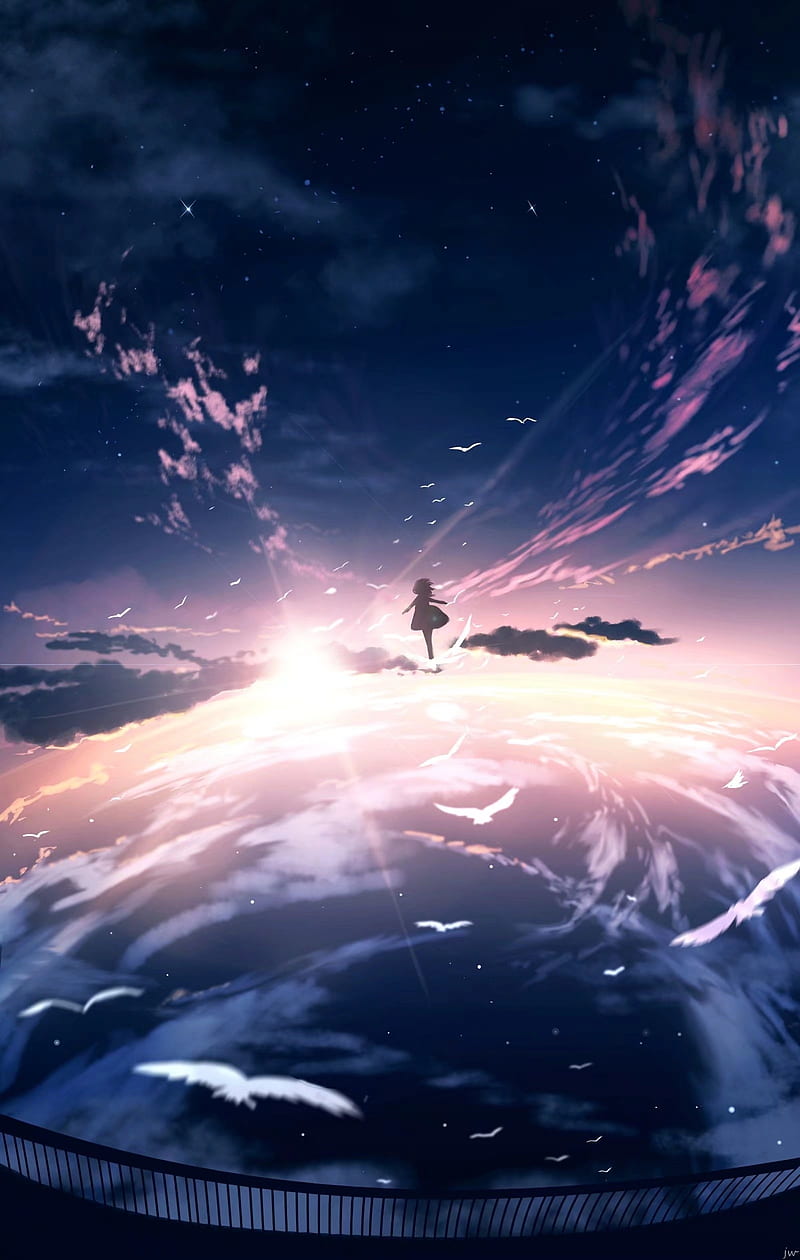 Anime girl, horizon, landscape, clouds, sunset, Anime, HD wallpaper